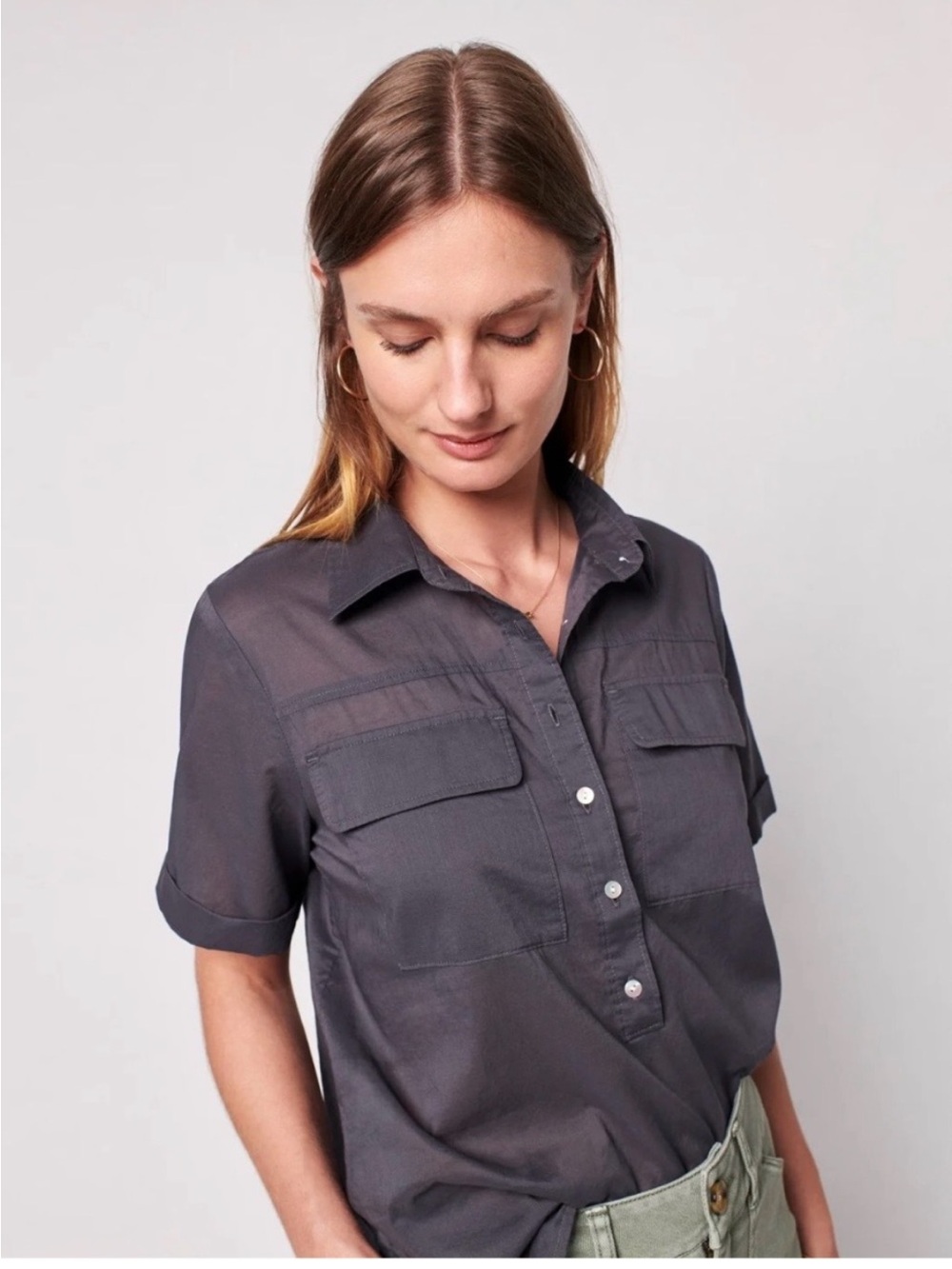 NWOT Faherty popover button shirt grey size XS 100% cotton organic